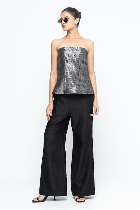 Shop SOBARIKO Black Brocade, Silk Bandeau Neck Dela Strapless Top Pant Set Online at Aza Fashions Shop_SOBARIKO_Black Brocade, Silk Bandeau Neck Dela Strapless Top Pant Set _Online_at_Aza_Fashions