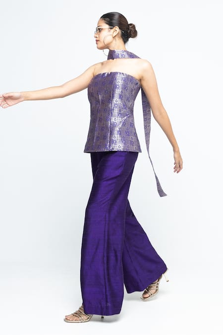 SOBARIKO Purple Silk Bandeau Neck Dela Strapless Brocade Top Pant Set Online at Aza Fashions SOBARIKO_Purple Silk Bandeau Neck Dela Strapless Brocade Top Pant Set _Online_at_Aza_Fashions