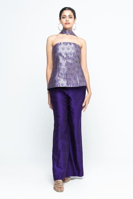 Buy SOBARIKO Purple Silk Bandeau Neck Dela Strapless Brocade Top Pant Set Online at Aza Fashions Buy_SOBARIKO_Purple Silk Bandeau Neck Dela Strapless Brocade Top Pant Set _Online_at_Aza_Fashions