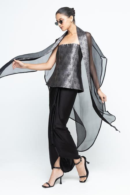 Buy_SOBARIKO_Black Modal, Satin Open , Bandeau Dela Cape Draped Skirt Set _Online_at_Aza_Fashions