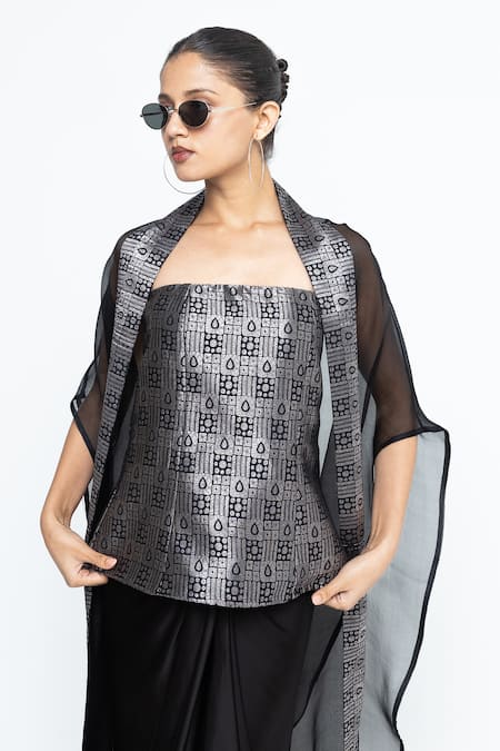 Shop_SOBARIKO_Black Modal, Satin Open , Bandeau Dela Cape Draped Skirt Set _Online_at_Aza_Fashions