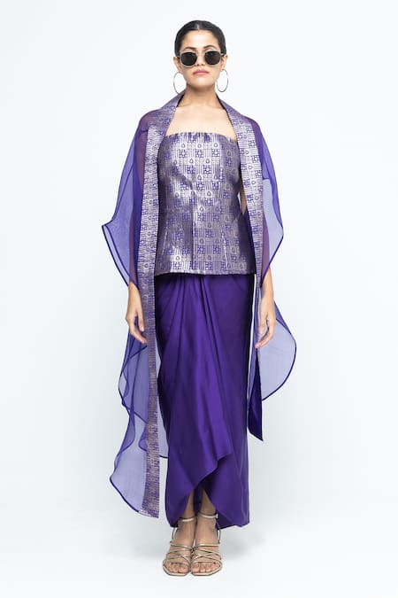 SOBARIKO_Purple Modal, Satin, Silk, Organza Zari Open Neck, Dela Cape Draped Skirt Set _Online_at_Aza_Fashions