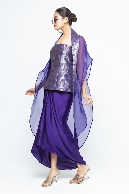 Buy_SOBARIKO_Purple Modal, Satin, Silk, Organza Zari Open Neck, Dela Cape Draped Skirt Set _Online_at_Aza_Fashions
