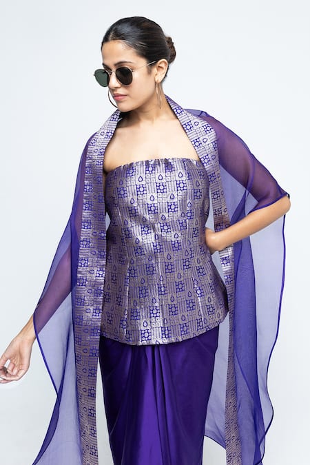 Shop_SOBARIKO_Purple Modal, Satin, Silk, Organza Zari Open Neck, Dela Cape Draped Skirt Set _Online_at_Aza_Fashions