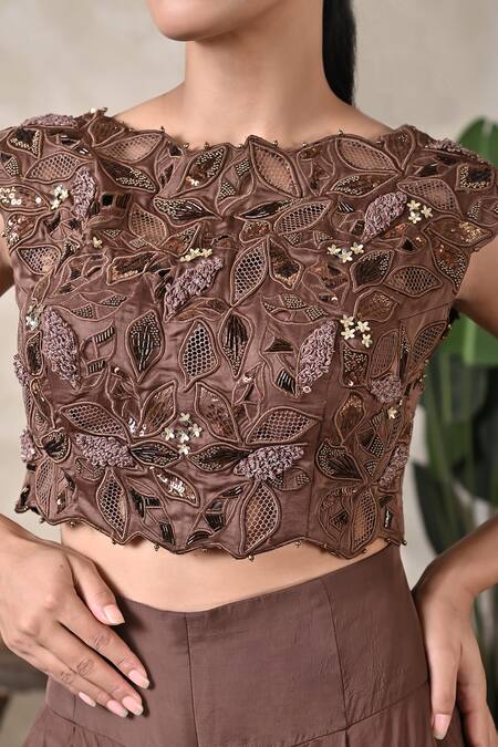 Buy BAANI KHURANA Brown Silk, Chiffon Embroidery, Sequins Boat Neck Cocoa Bloom Top Pant Set Online at Aza Fashions Buy_BAANI KHURANA_Brown Silk, Chiffon Embroidery, Sequins Boat Neck Cocoa Bloom Top Pant Set _Online_at_Aza_Fashions