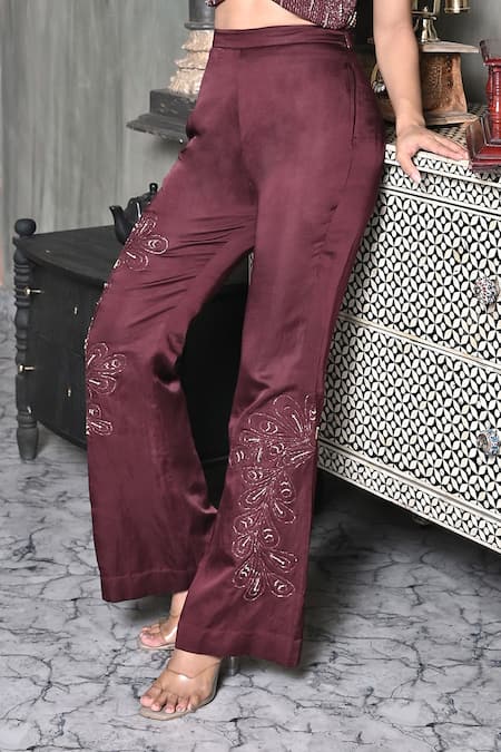 BAANI KHURANA Burgundy Satin, Linen Beads, Embroidery Round Neck Maroon Muse Pant Set Online at Aza Fashions BAANI KHURANA_Burgundy Satin, Linen Beads, Embroidery Round Neck Maroon Muse Pant Set _Online_at_Aza_Fashions