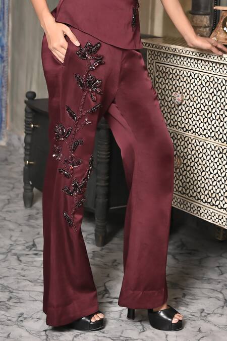 BAANI KHURANA_Burgundy Silk, Chiffon, Satin, Linen Beads, Sequins Embellished Top And Pant Set _Online_at_Aza_Fashions