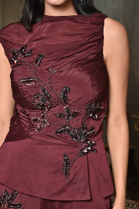 Buy_BAANI KHURANA_Burgundy Silk, Chiffon, Satin, Linen Beads, Sequins Embellished Top And Pant Set _Online_at_Aza_Fashions