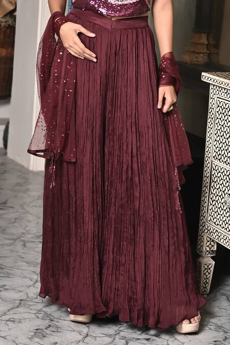 BAANI KHURANA_Burgundy Silk, Chiffon Sequins Square Neck Work Bustier Sharara Set _Online_at_Aza_Fashions