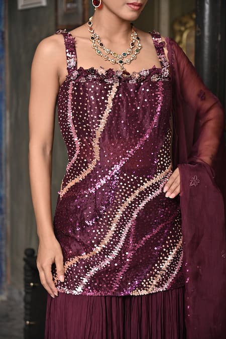 BAANI KHURANA Maroon Organza, Silk, Chiffon Sequins, Embroidery Kurta Crushed Sharara Set Online at Aza Fashions BAANI KHURANA_Maroon Organza, Silk, Chiffon Sequins, Embroidery Kurta Crushed Sharara Set _Online_at_Aza_Fashions