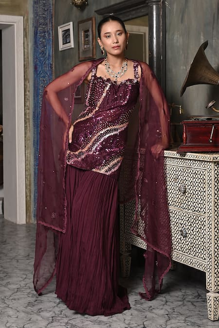 Buy BAANI KHURANA Maroon Organza, Silk, Chiffon Sequins, Embroidery Kurta Crushed Sharara Set Online at Aza Fashions Buy_BAANI KHURANA_Maroon Organza, Silk, Chiffon Sequins, Embroidery Kurta Crushed Sharara Set _Online_at_Aza_Fashions