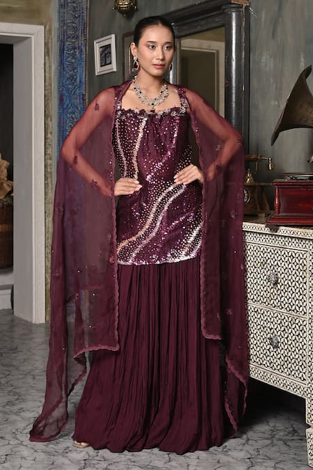 BAANI KHURANA Maroon Organza, Silk, Chiffon Sequins, Embroidery Kurta Crushed Sharara Set