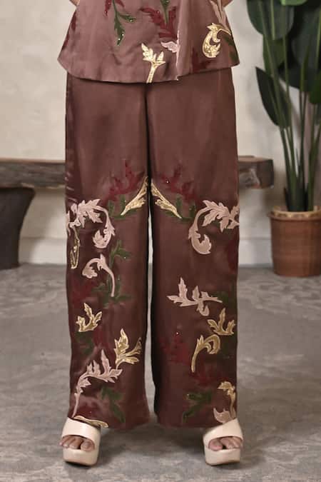 BAANI KHURANA Brown Satin, Linen Embroidery Round Neck Pant Set Online at Aza Fashions BAANI KHURANA_Brown Satin, Linen Embroidery Round Neck Pant Set _Online_at_Aza_Fashions
