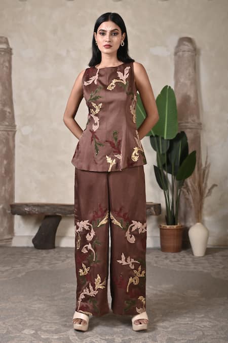 Buy BAANI KHURANA Brown Satin, Linen Embroidery Round Neck Pant Set Online at Aza Fashions Buy_BAANI KHURANA_Brown Satin, Linen Embroidery Round Neck Pant Set _Online_at_Aza_Fashions