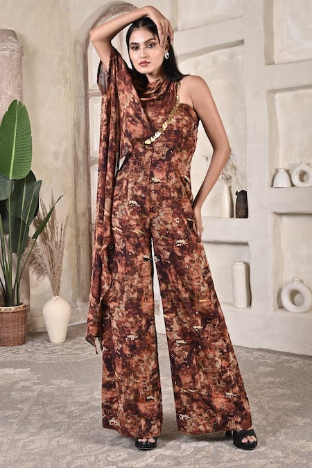 Buy BAANI KHURANA Brown Chiffon Beads, Sequins, Embroidery Marble Print Jumpsuit With Cape Online at Aza Fashions Buy_BAANI KHURANA_Brown Chiffon Beads, Sequins, Embroidery Marble Print Jumpsuit With Cape _Online_at_Aza_Fashions
