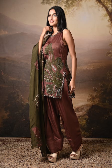 BAANI KHURANA Brown Organza Sequins, Embroidery, Metallic Thread Round Neck Kurta Set