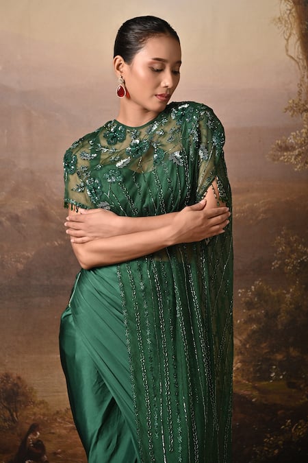 BAANI KHURANA Emerald Green Satin Sequins, Beads, Embroidery Round Neck Draped Skirt Set Online at Aza Fashions BAANI KHURANA_Emerald Green Satin Sequins, Beads, Embroidery Round Neck Draped Skirt Set _Online_at_Aza_Fashions