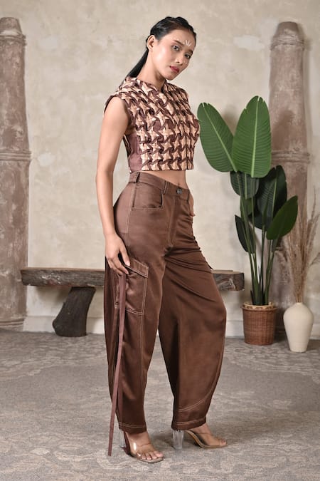 Shop BAANI KHURANA Brown Satin, Linen, Silk, Chiffon Cargo Pant at Aza Fashions Shop_BAANI KHURANA_Brown Satin, Linen, Silk, Chiffon Cargo Pant _at_Aza_Fashions
