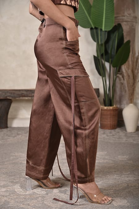 BAANI KHURANA Brown Satin, Linen, Silk, Chiffon Cargo Pant Online at Aza Fashions BAANI KHURANA_Brown Satin, Linen, Silk, Chiffon Cargo Pant _Online_at_Aza_Fashions