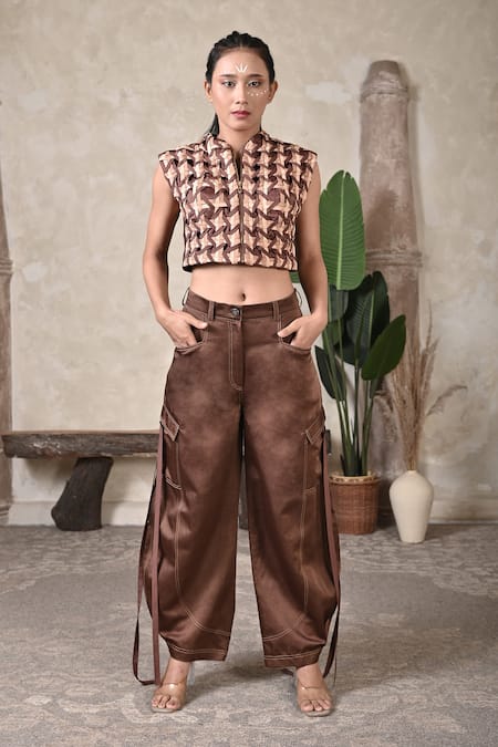 BAANI KHURANA Brown Satin, Linen, Silk, Chiffon Collared Handwoven Pattern Jacket