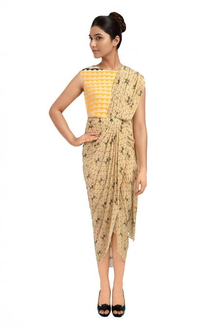 Soup By Sougat Paul Beige Cotton Silk Geometric Jewel Neck Pre-draped Printed Saree Dress 
