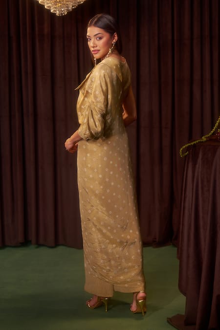 Buy Coeur Gold Tissue Round , Open Zyra Bandhani Jacket And Wrinkled Dress Buy_Coeur_Gold Tissue Round , Open Zyra Bandhani Jacket And Wrinkled Dress