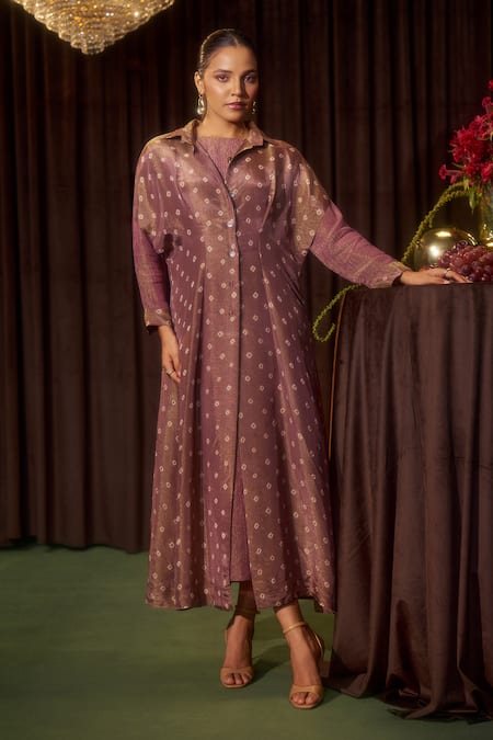 Coeur Purple Tissue Round Neck, Collared Zarina Dusty Rose Dress And Bandhani Jacket Set