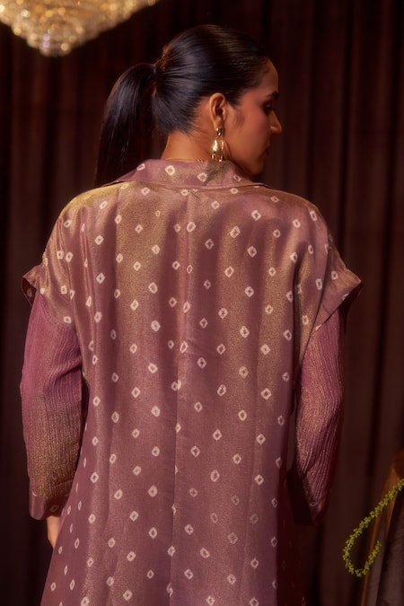 Shop Coeur Purple Tissue Round Neck, Collared Zarina Dusty Rose Dress And Bandhani Jacket Set at Aza Fashions Shop_Coeur_Purple Tissue Round Neck, Collared Zarina Dusty Rose Dress And Bandhani Jacket Set _at_Aza_Fashions