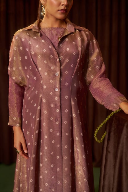 Buy Coeur Purple Tissue Round Neck, Collared Zarina Dusty Rose Dress And Bandhani Jacket Set Online at Aza Fashions Buy_Coeur_Purple Tissue Round Neck, Collared Zarina Dusty Rose Dress And Bandhani Jacket Set _Online_at_Aza_Fashions