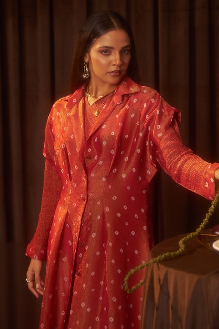 Coeur Red Tissue V-neck, Collared Zarina Scarlet Dress With Bandhani Jacket Online at Aza Fashions Coeur_Red Tissue V-neck, Collared Zarina Scarlet Dress With Bandhani Jacket _Online_at_Aza_Fashions