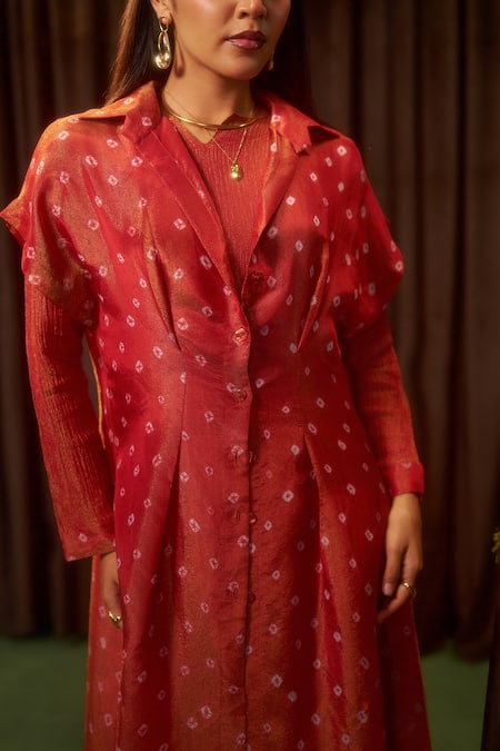 Buy Coeur Red Tissue V-neck, Collared Zarina Scarlet Dress With Bandhani Jacket Online at Aza Fashions Buy_Coeur_Red Tissue V-neck, Collared Zarina Scarlet Dress With Bandhani Jacket _Online_at_Aza_Fashions