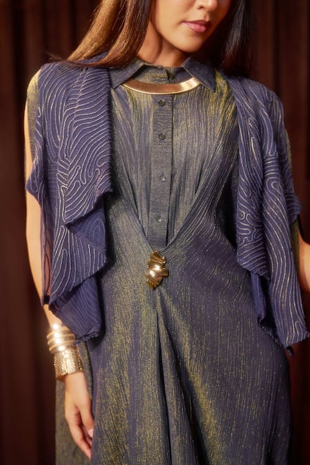 Coeur Navy Tissue Embroidery, Metallic Aurea Wrinkled Kaftan With Structured Jacket Online at Aza Fashions Coeur_Navy Tissue Embroidery, Metallic Aurea Wrinkled Kaftan With Structured Jacket _Online_at_Aza_Fashions