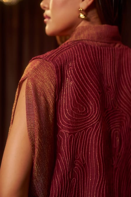 Coeur Red Tissue Embroidery Collared, Aurea Wrinkled Kaftan With Structured Jacket at Aza Fashions Coeur_Red Tissue Embroidery Collared, Aurea Wrinkled Kaftan With Structured Jacket _at_Aza_Fashions