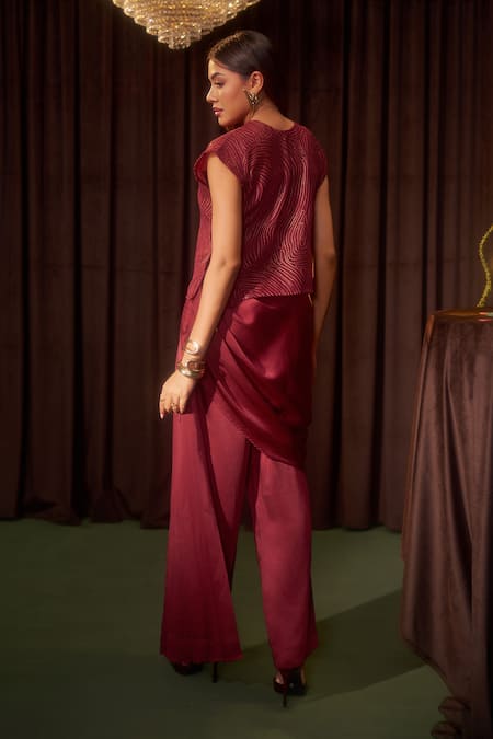 Coeur Riva Crimson Corded Top & Draped Pant Set 