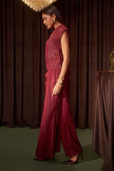 Coeur Maroon Silk Organza, Satin Embroidery Riva Crimson Corded Top And Draped Pant Set Online at Aza Fashions Coeur_Maroon Silk Organza, Satin Embroidery Riva Crimson Corded Top And Draped Pant Set _Online_at_Aza_Fashions