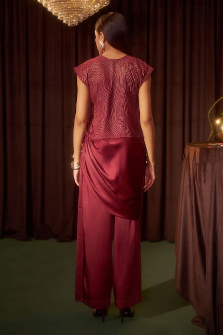 Buy Coeur Maroon Silk Organza, Satin Embroidery Riva Crimson Corded Top And Draped Pant Set Online at Aza Fashions Buy_Coeur_Maroon Silk Organza, Satin Embroidery Riva Crimson Corded Top And Draped Pant Set _Online_at_Aza_Fashions
