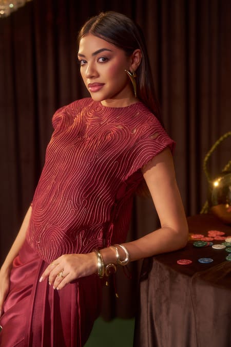 Shop Coeur Maroon Silk Organza, Satin Embroidery Riva Crimson Corded Top And Draped Pant Set Online at Aza Fashions Shop_Coeur_Maroon Silk Organza, Satin Embroidery Riva Crimson Corded Top And Draped Pant Set _Online_at_Aza_Fashions