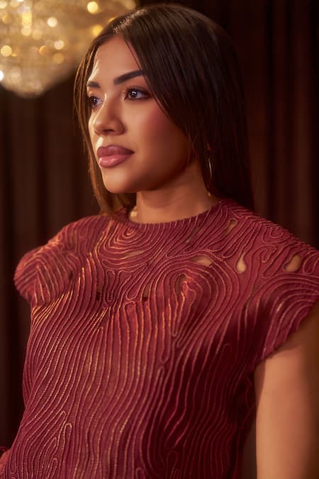 Coeur Maroon Silk Organza, Satin Embroidery Riva Crimson Corded Top And Draped Pant Set at Aza Fashions Coeur_Maroon Silk Organza, Satin Embroidery Riva Crimson Corded Top And Draped Pant Set _at_Aza_Fashions