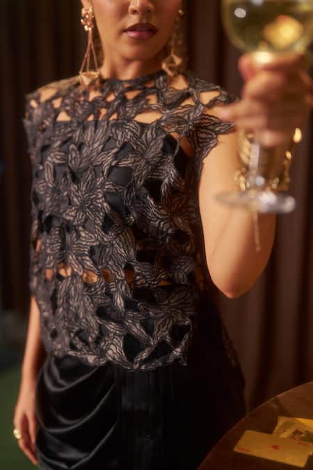 Coeur_Black Silk, Satin Cut Work, Beads High Neck Riva Corded Top And Draped Pant Set _Online_at_Aza_Fashions