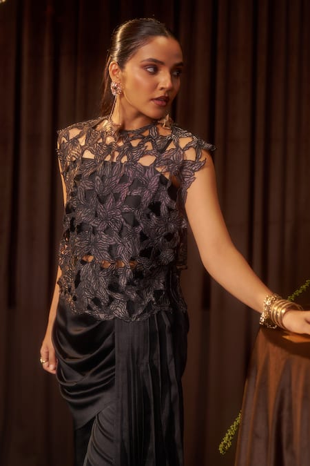 Buy_Coeur_Black Silk, Satin Cut Work, Beads High Neck Riva Corded Top And Draped Pant Set _Online_at_Aza_Fashions