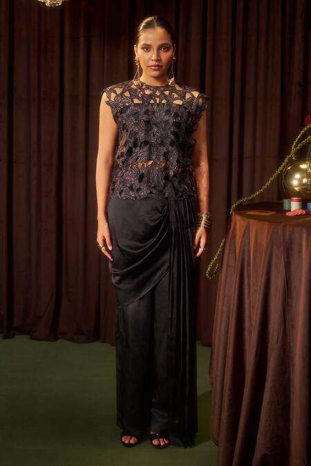 Shop_Coeur_Black Silk, Satin Cut Work, Beads High Neck Riva Corded Top And Draped Pant Set _Online_at_Aza_Fashions