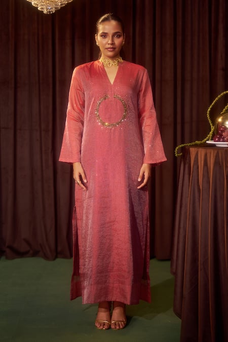Buy_Coeur_Maroon Silk, Tissue Embroidery, Stones V-neck Celeste Front Kaftan _Online_at_Aza_Fashions