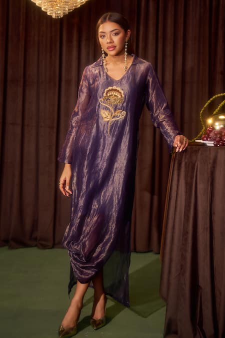 Coeur Purple Tissue, Silk Embroidery V-neck, Collared Zova Draped Dress Online at Aza Fashions Coeur_Purple Tissue, Silk Embroidery V-neck, Collared Zova Draped Dress _Online_at_Aza_Fashions