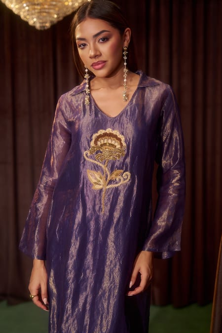 Buy Coeur Purple Tissue, Silk Embroidery V-neck, Collared Zova Draped Dress Online at Aza Fashions Buy_Coeur_Purple Tissue, Silk Embroidery V-neck, Collared Zova Draped Dress _Online_at_Aza_Fashions