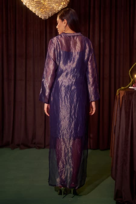 Shop Coeur Purple Tissue, Silk Embroidery V-neck, Collared Zova Draped Dress at Aza Fashions Shop_Coeur_Purple Tissue, Silk Embroidery V-neck, Collared Zova Draped Dress _at_Aza_Fashions