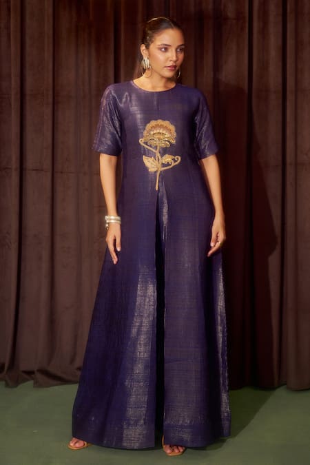 Buy Coeur Purple Silk Embroidery Round Neck Lume Jumpsuit Online at Aza Fashions Buy_Coeur_Purple Silk Embroidery Round Neck Lume Jumpsuit _Online_at_Aza_Fashions