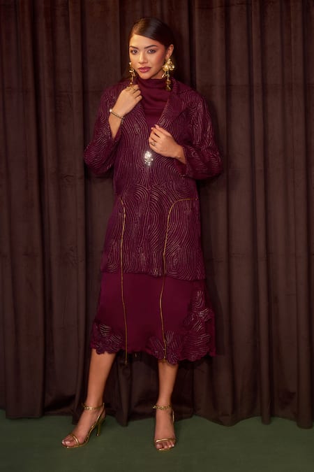 Coeur_Wine , Satin, Silk Embroidery, Gleia Corded Jacket And Dress Set _Online_at_Aza_Fashions