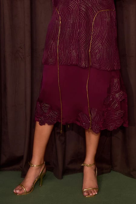 Shop_Coeur_Wine , Satin, Silk Embroidery, Gleia Corded Jacket And Dress Set _Online_at_Aza_Fashions