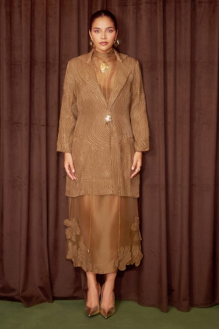Buy_Coeur_Gold , Silk Applique, Embroidery Gleia Corded Jacket And Dress Set _Online_at_Aza_Fashions