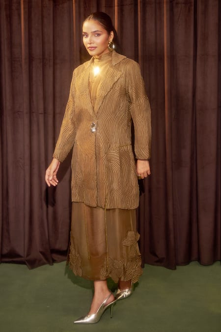 Shop_Coeur_Gold , Silk Applique, Embroidery Gleia Corded Jacket And Dress Set _Online_at_Aza_Fashions